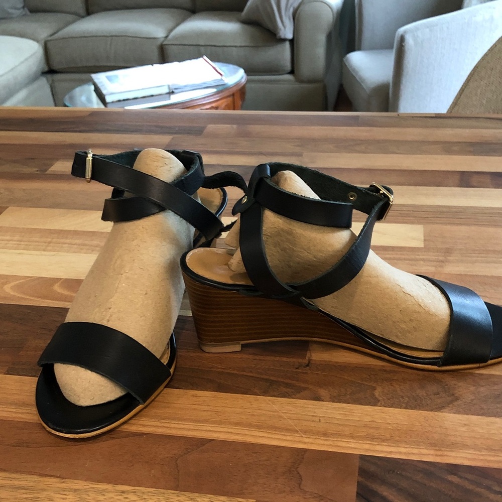 Coach and Four Black Leather Ankle-Strap Wedge Sandals